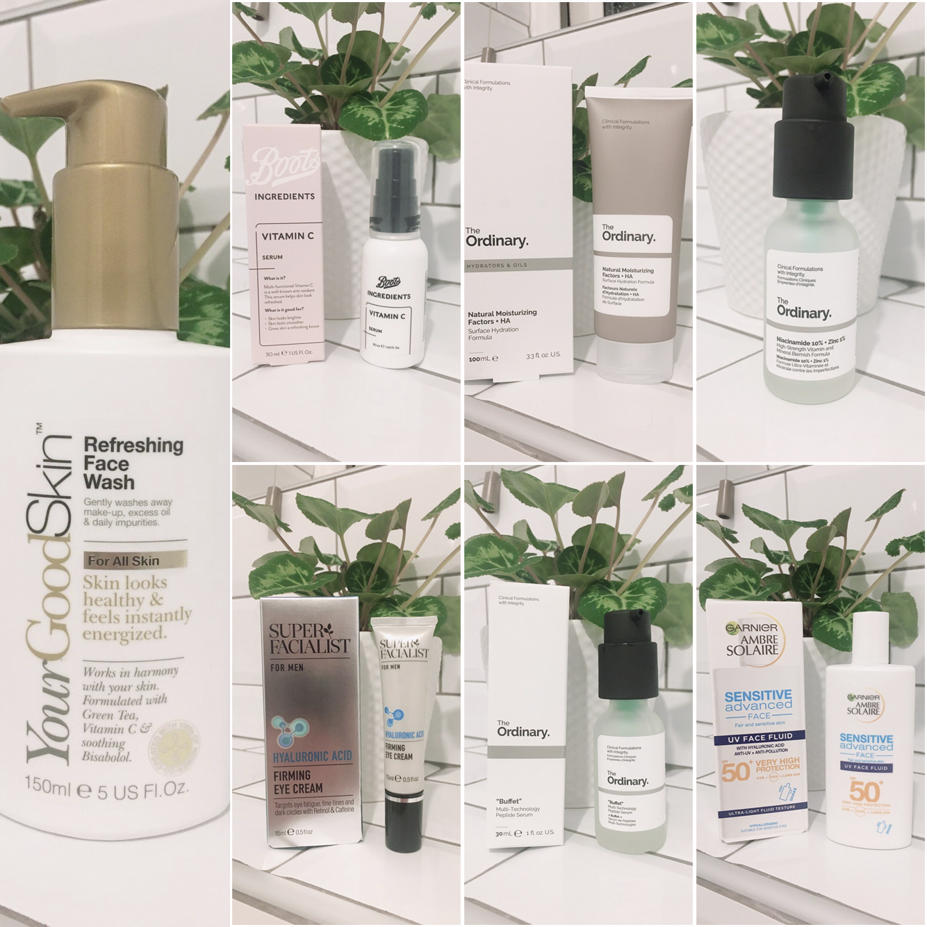 YourGoodSkin Refreshing Face Wash Boots Ingredients Vitamin C Serum The Ordinary Niacinamide Serum / The Ordinary Buffet Serum SuperFacialist for Men Hyaluronic Acid Firming Eye Cream The Ordinary Natural Moisturising Factors Garnier Ambre Solaire Sensitive Advanced UV Face Fluid SPF50