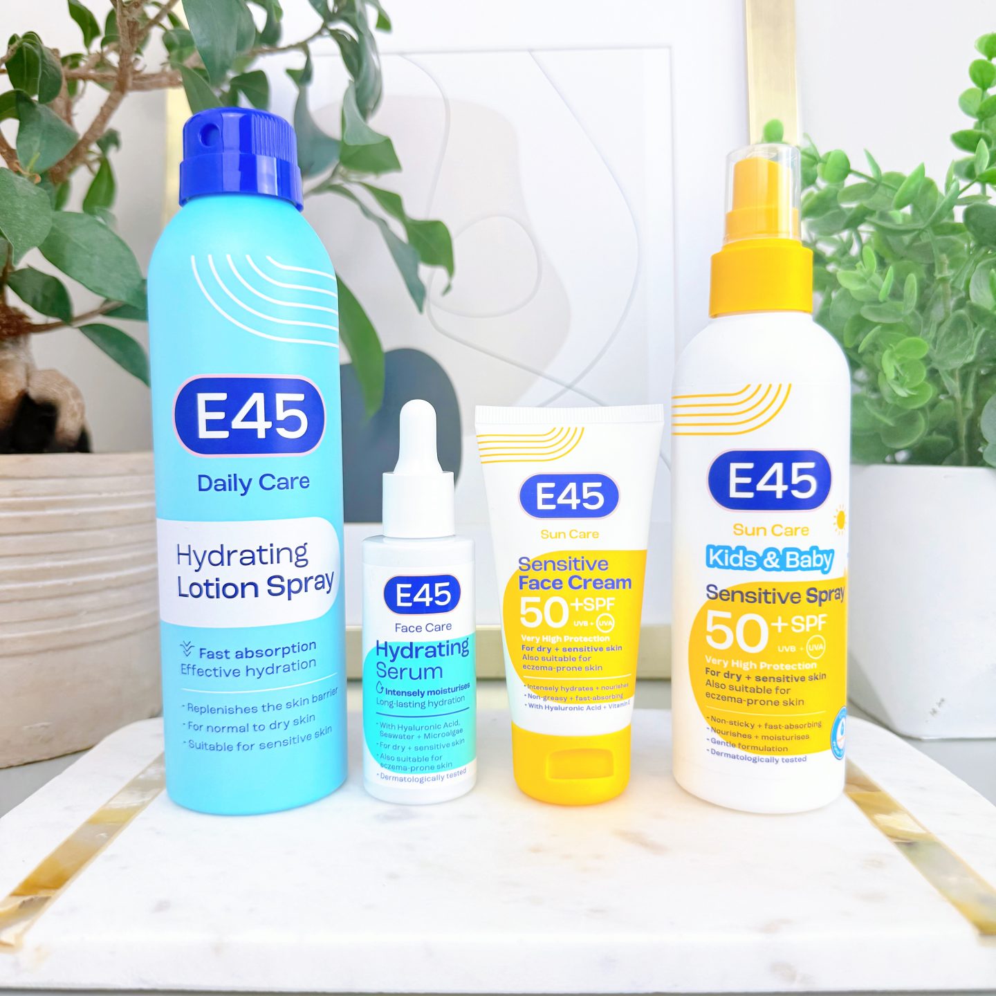 E45 Daily Care Hydrating Lotion Spray E45 Face Hydrating Serum E45 Sun Care Kids & Baby Sensitive Spray SPF 50+ E45 Face Daily Protect SPF 30