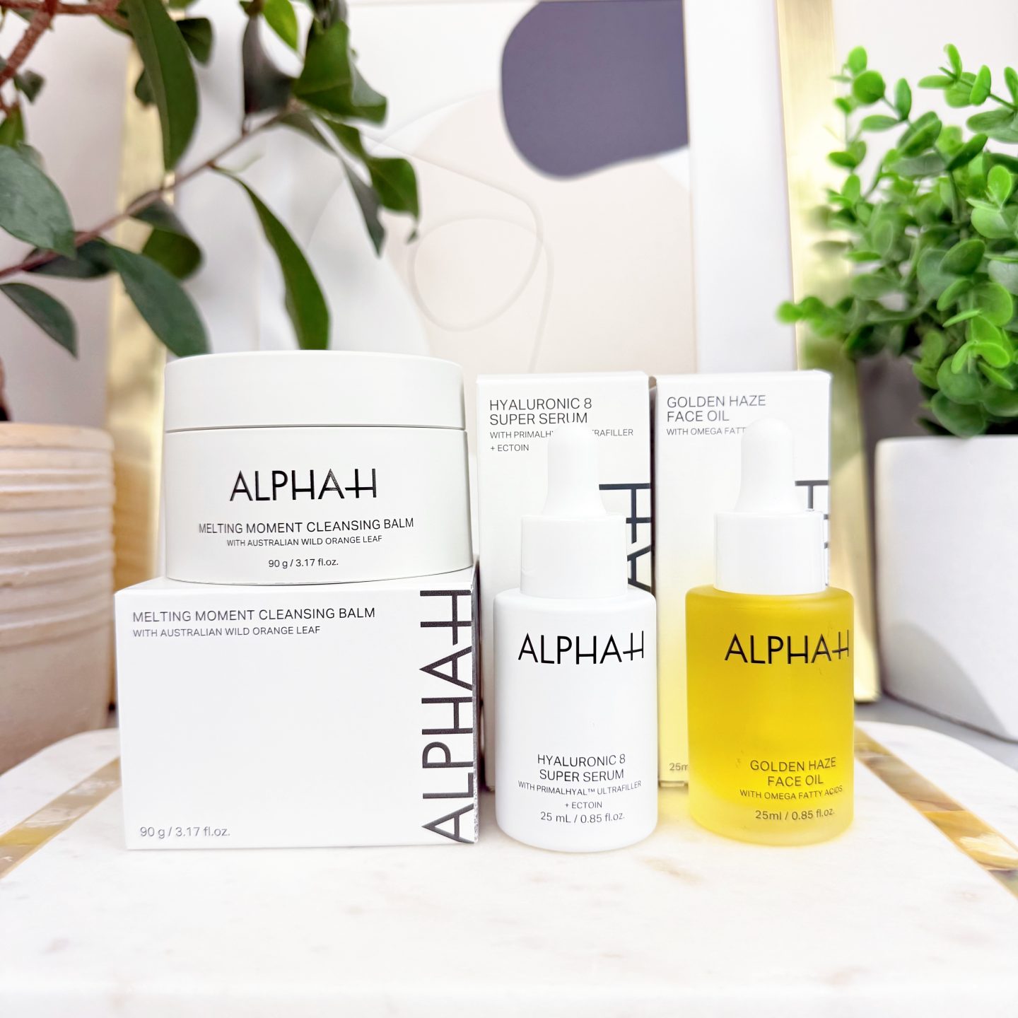 Alpha-H Melting Moment Cleansing Balm Alpha-H Hyaluronic 8 Super Serum Alpha-H Golden Haze Face Oil