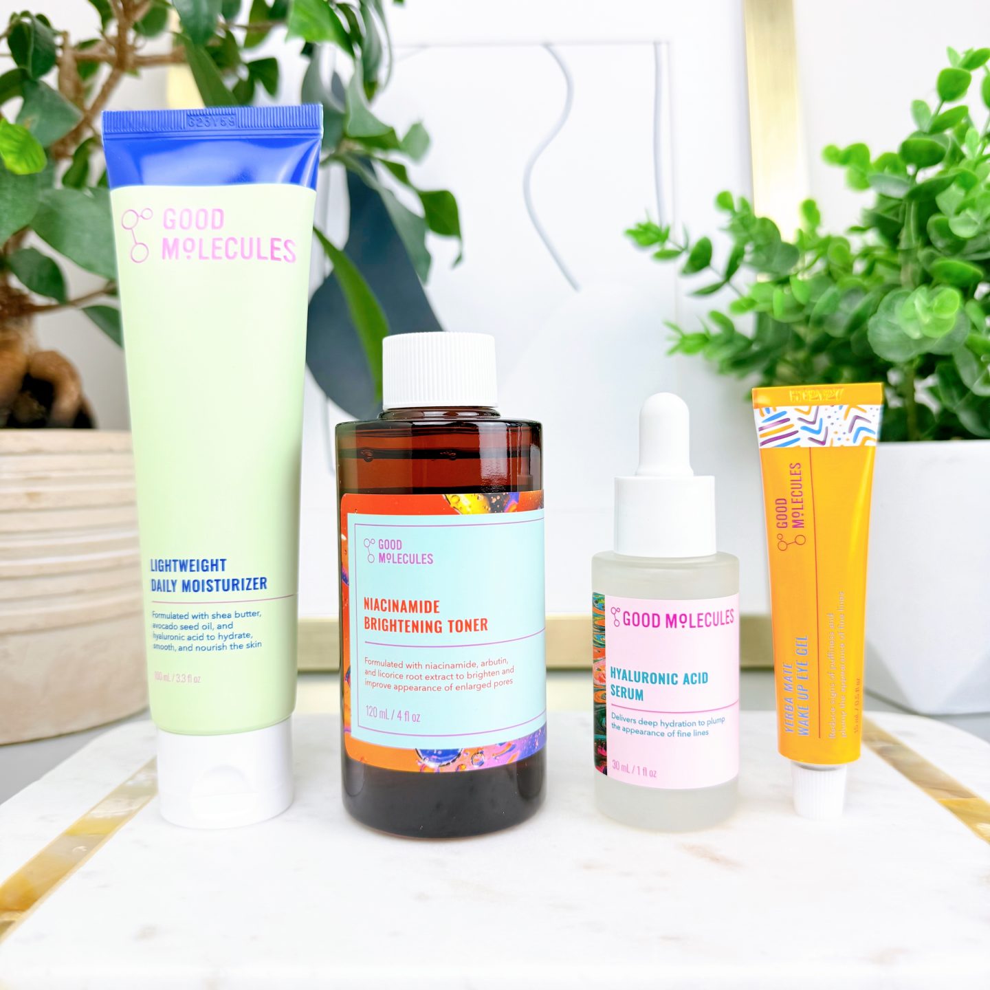 Good Molecules Niacinamide Brightening Toner  Good Molecules Hyaluronic Acid Serum  Good Molecules Lightweight Daily Moisturiser Good Molecules Yerba Mate Wake Up Eye Gel 